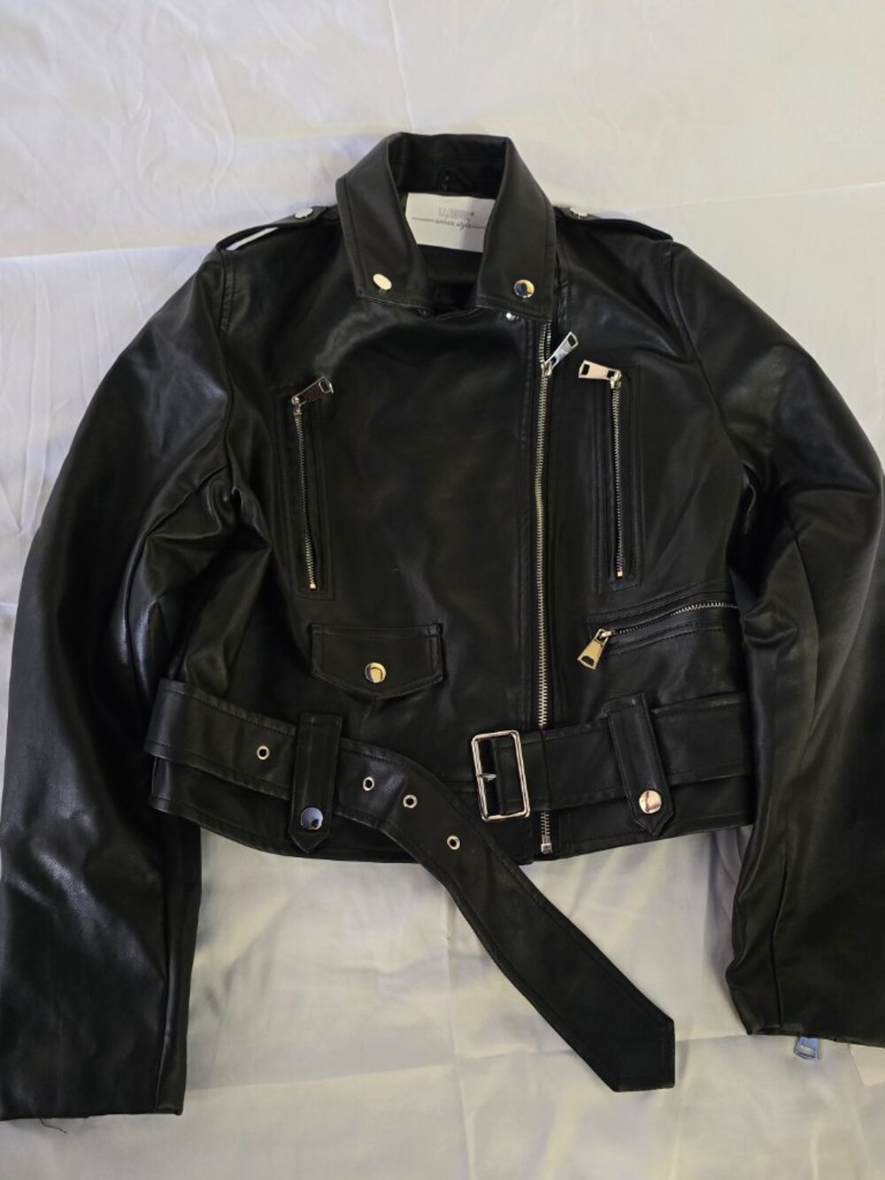 WSZ Women’s Black Moto Jacket Faux Leather Belted Biker Jacket Size Small NWT - Picture 8 of 12